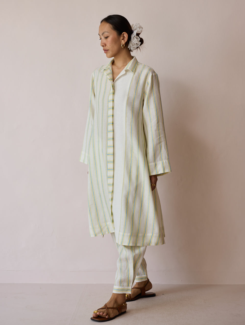Joana Patchwork Stripe Linen Shirt Kurta - Ivory