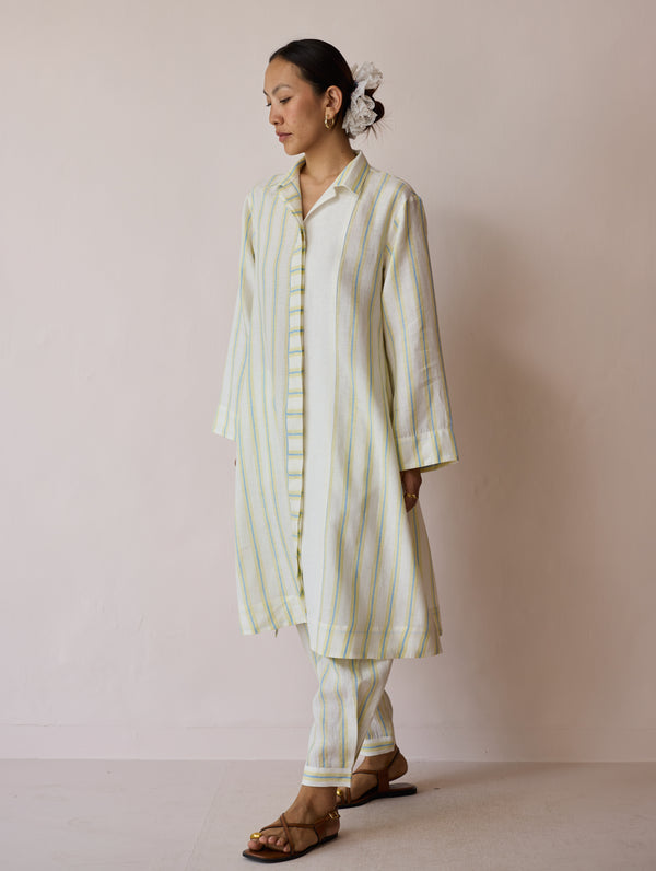 Joana Patchwork Stripe Linen Shirt Kurta - Ivory