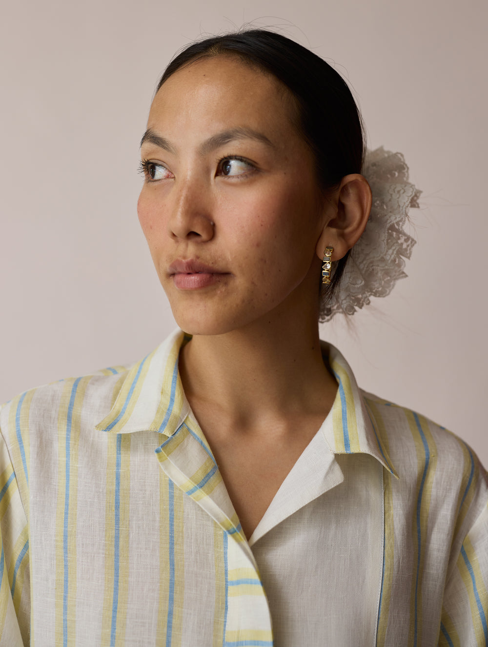 Joana Patchwork Stripe Linen Shirt Kurta - Ivory