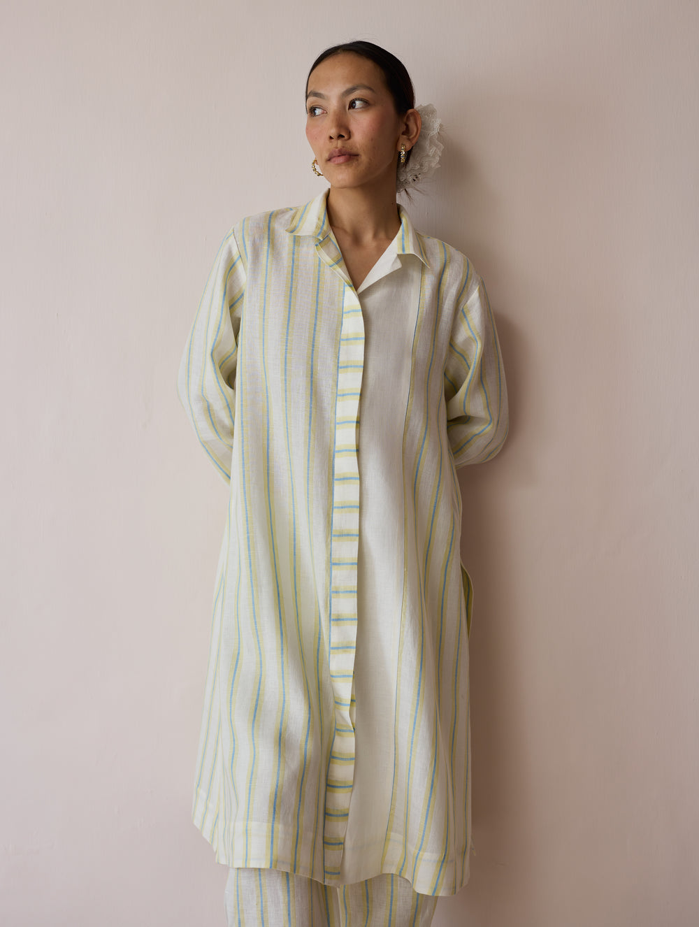 Joana Patchwork Stripe Linen Shirt Kurta - Ivory
