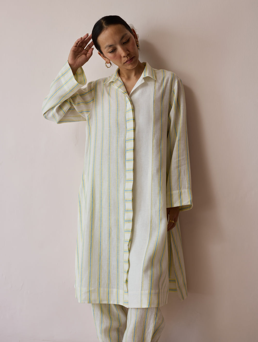 Joana Patchwork Stripe Linen Shirt Kurta - Ivory