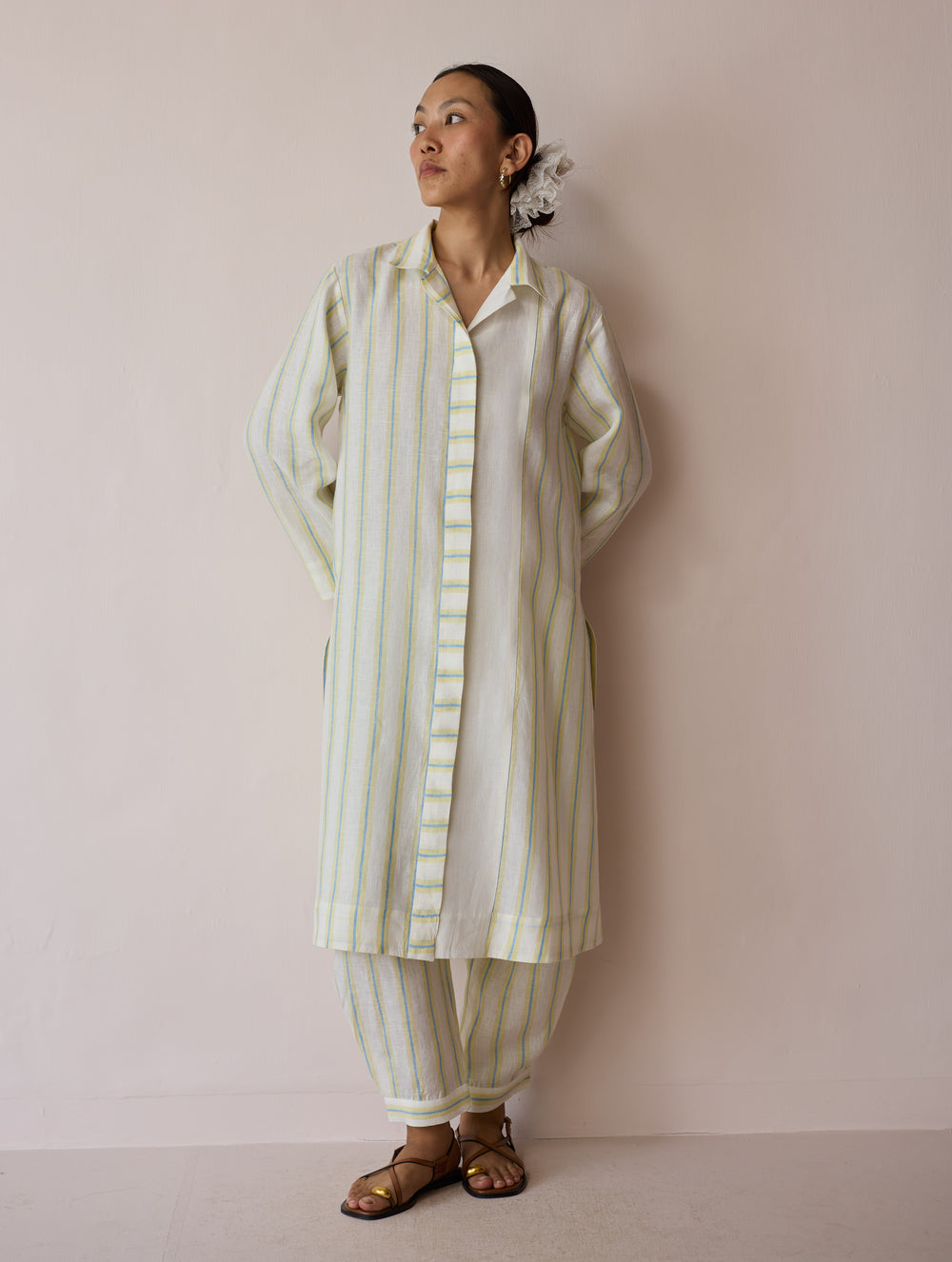 Joana Patchwork Stripe Linen Shirt Kurta - Ivory