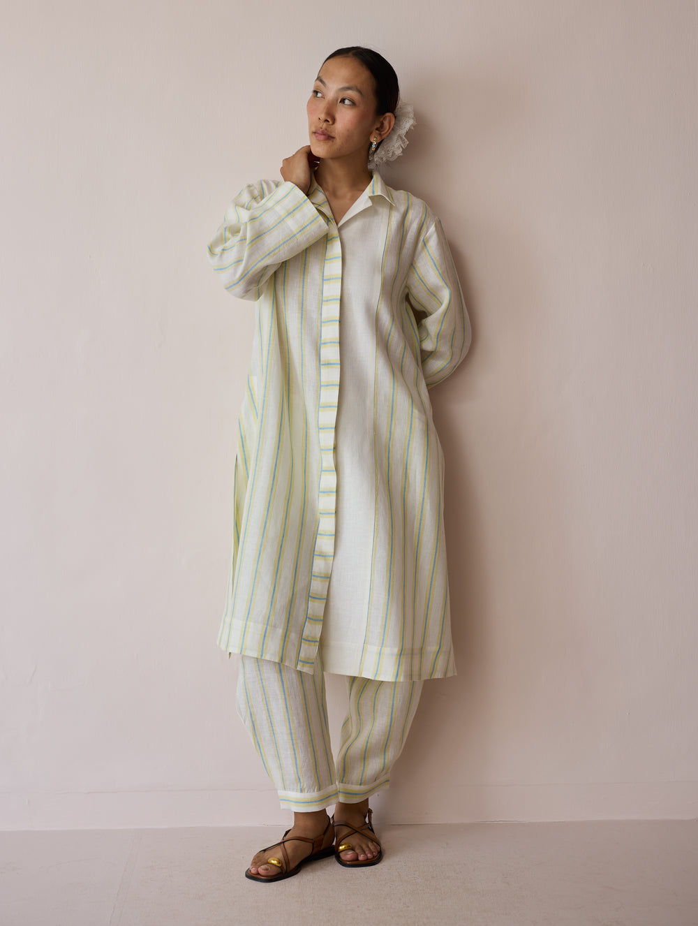 Joana Patchwork Stripe Linen Shirt Kurta - Ivory