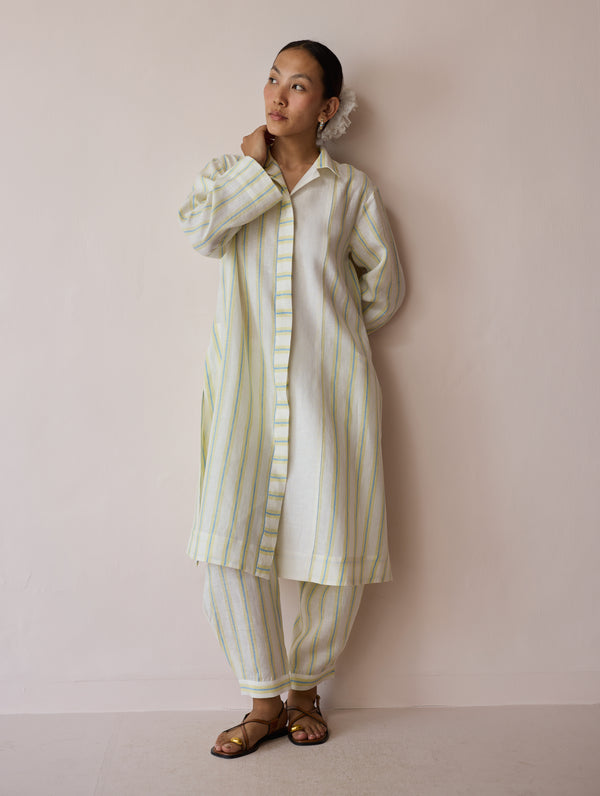 Joana Patchwork Stripe Linen Kurta Sets - Ivory