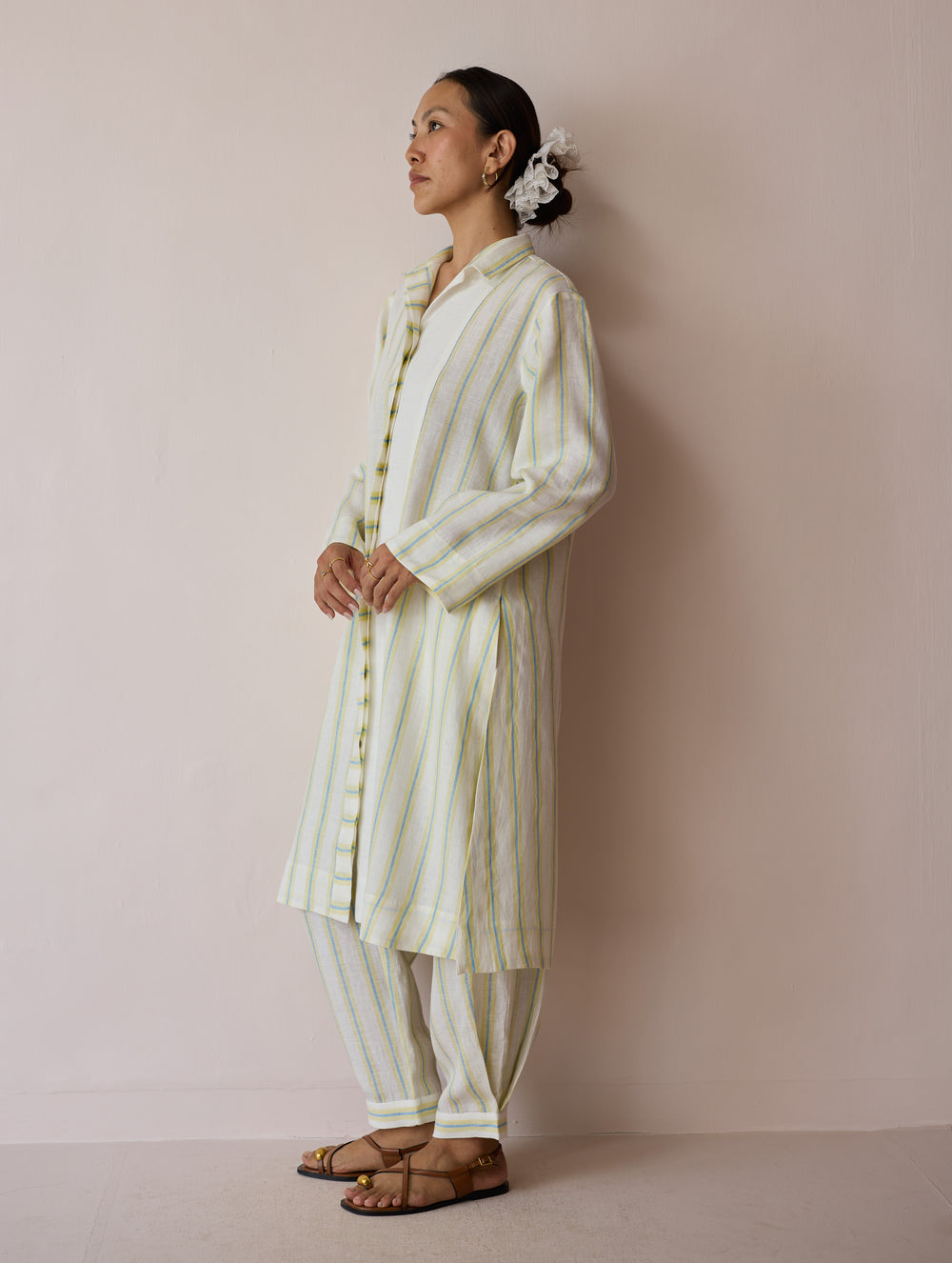 Joana Patchwork Stripe Linen Shirt Kurta - Ivory