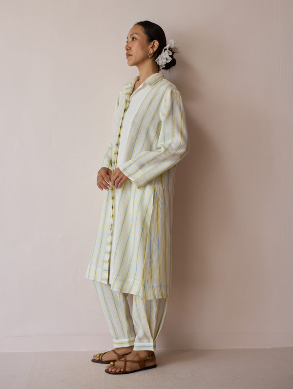 Joana Patchwork Stripe Linen Kurta Sets - Ivory