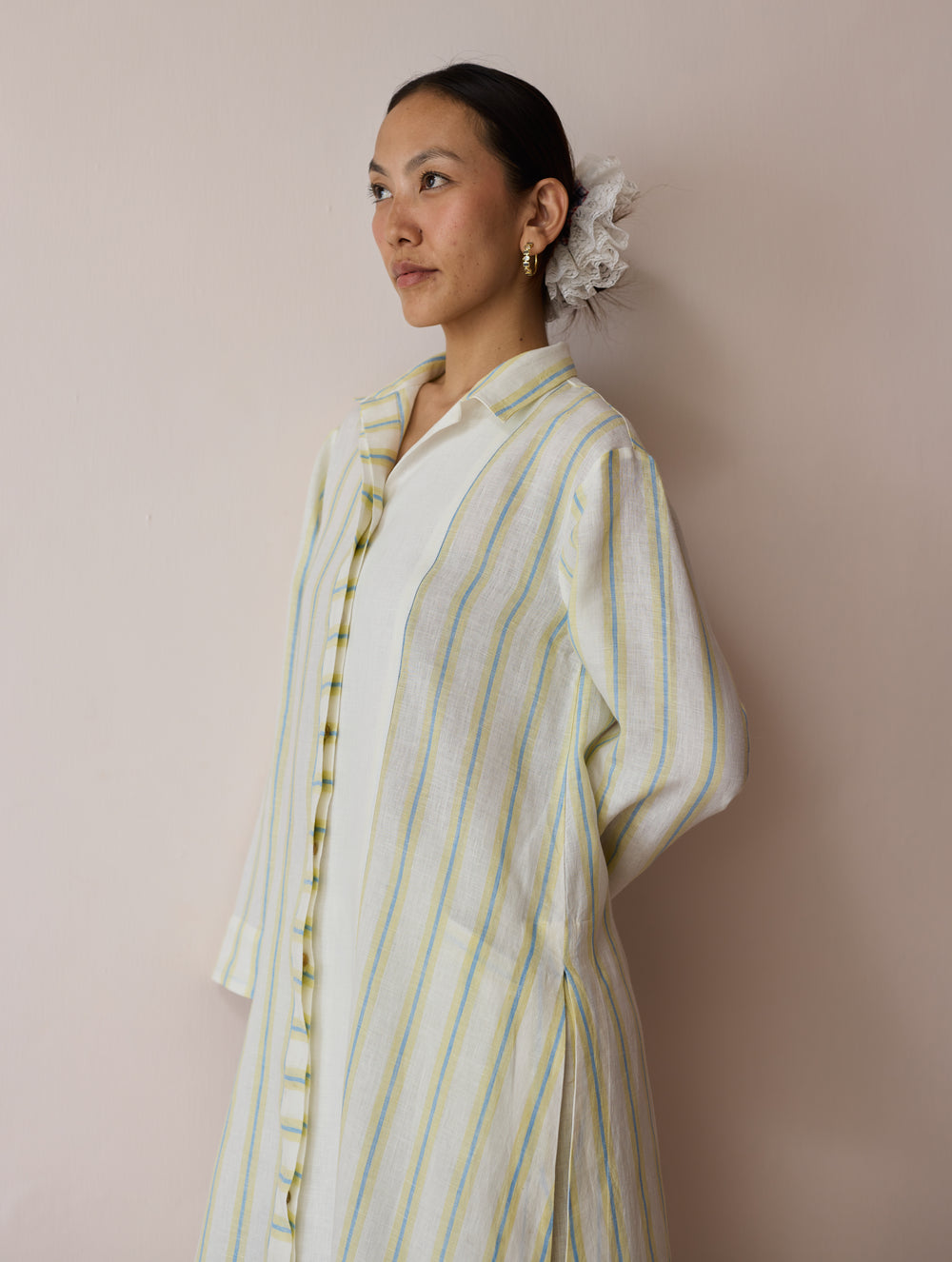 Joana Patchwork Stripe Linen Shirt Kurta - Ivory