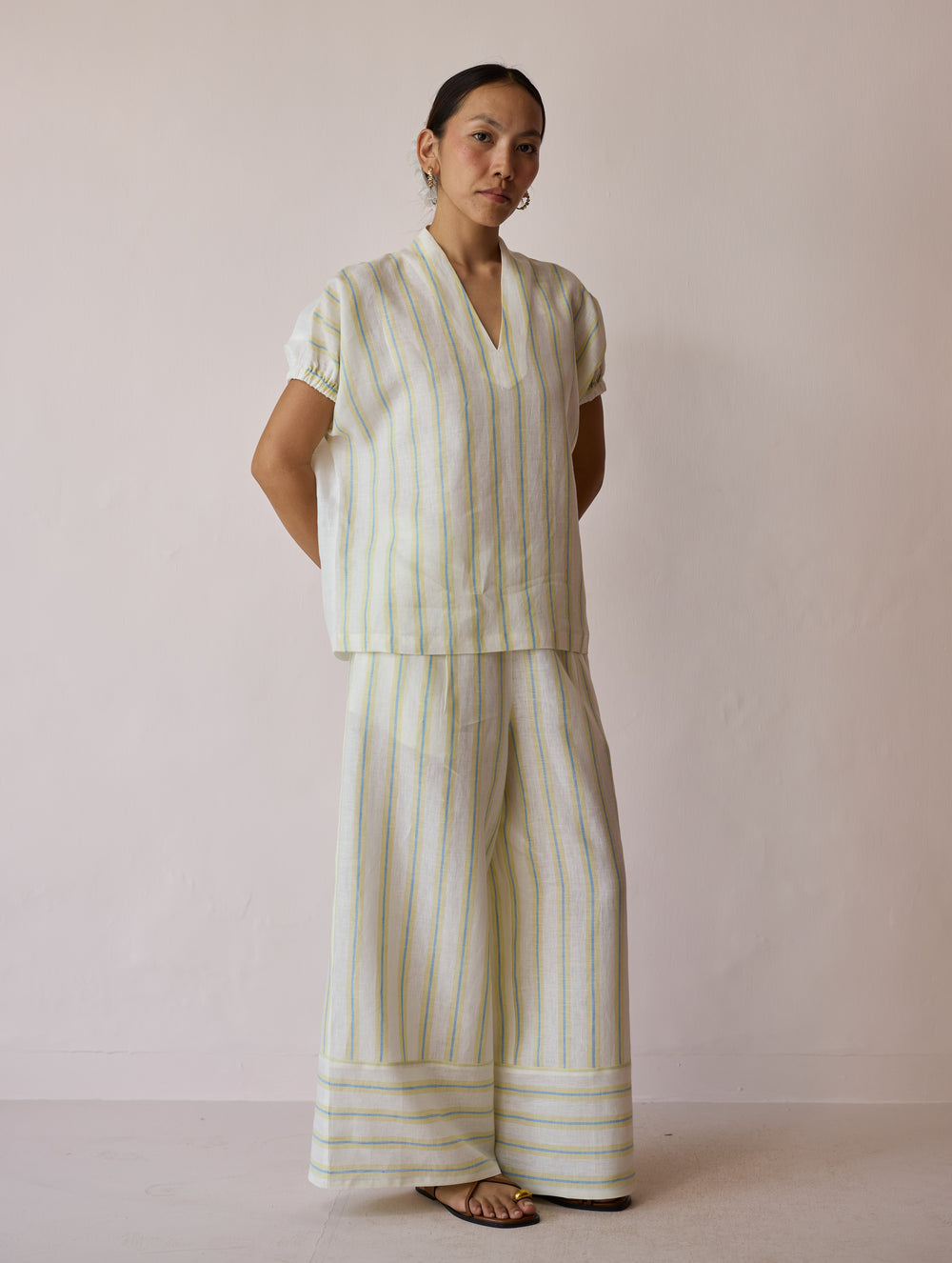 Anne V-Neck Stripe Linen Top - Ivory