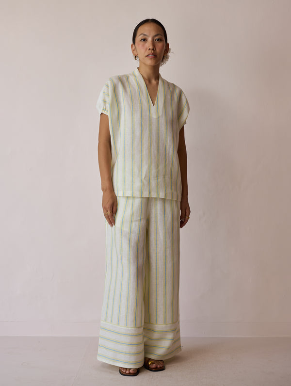 Anne V-Neck Stripe Linen Co-ord Set - Ivory
