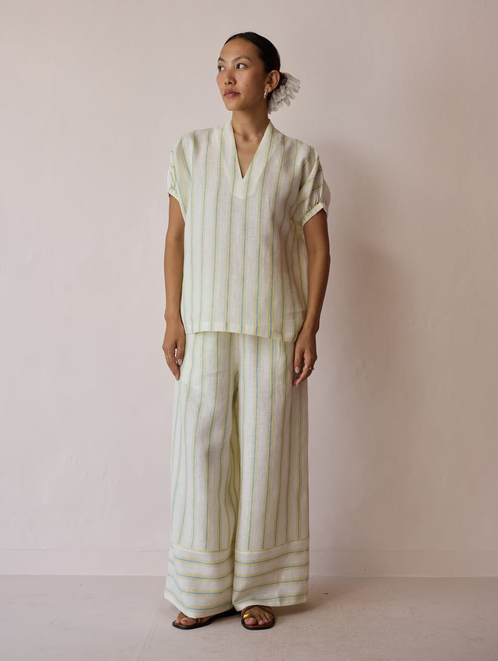Anne V-Neck Stripe Linen Top - Ivory
