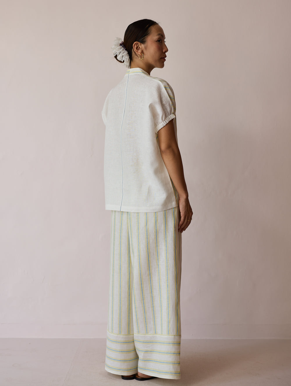 Anne V-Neck Stripe Linen Top - Ivory