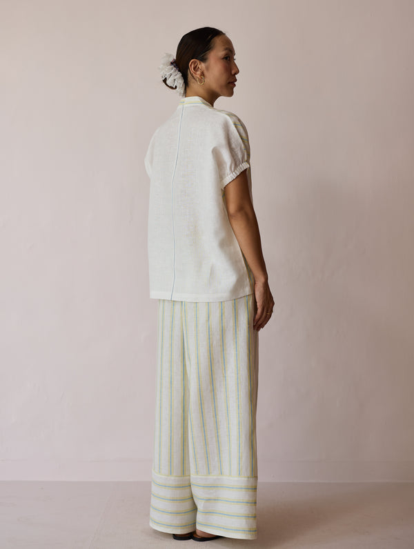 Anne V-Neck Stripe Linen Top - Ivory