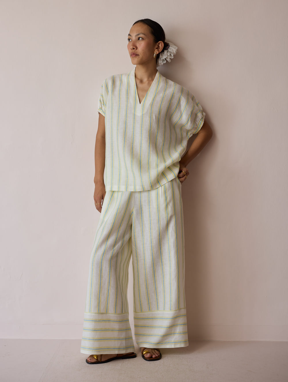 Anne V-Neck Stripe Linen Top - Ivory