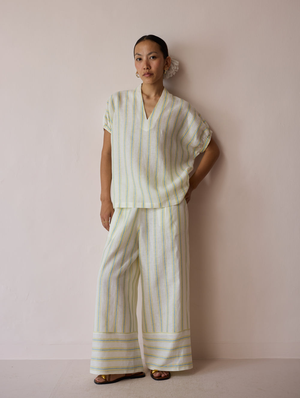 Anne V-Neck Stripe Linen Co-ord Set - Ivory