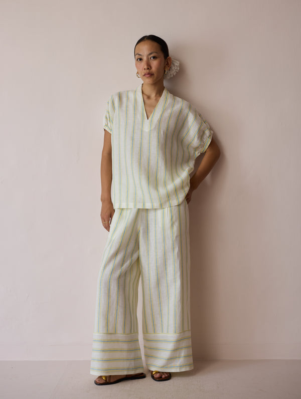 Anne V-Neck Stripe Linen Co-ord Set - Ivory