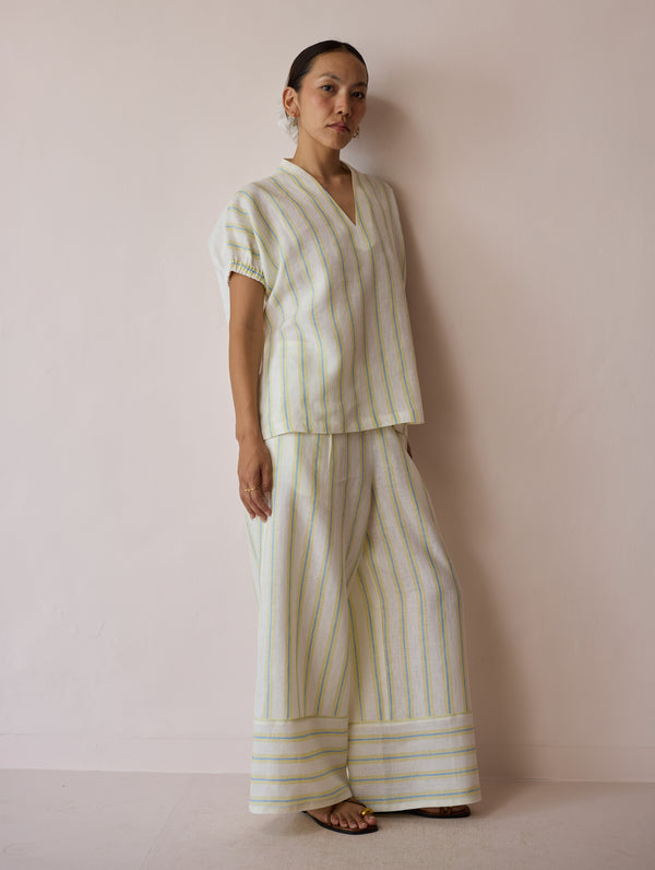 Anne V-Neck Stripe Linen Co-ord Set - Ivory