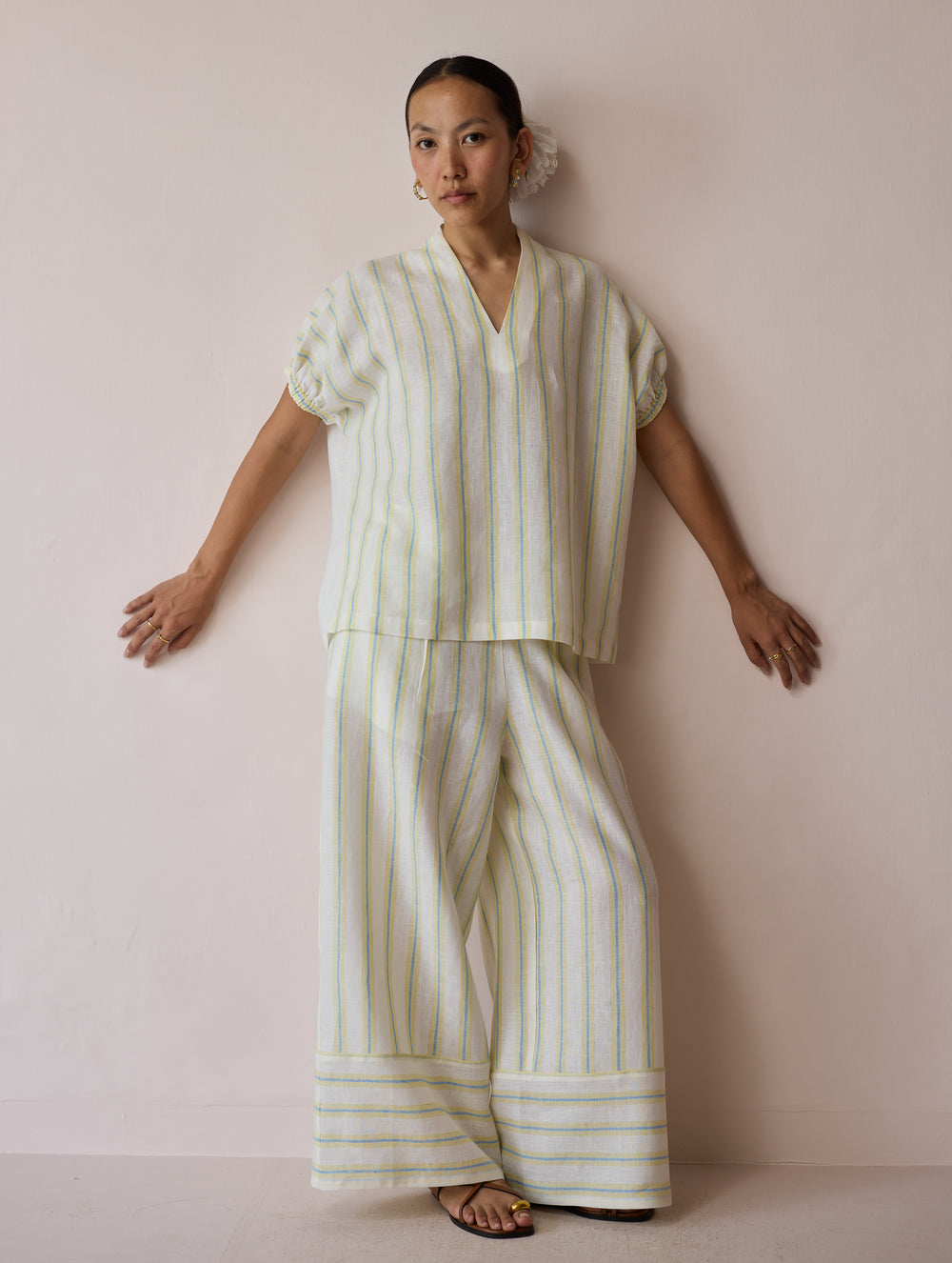Anne V-Neck Stripe Linen Top - Ivory
