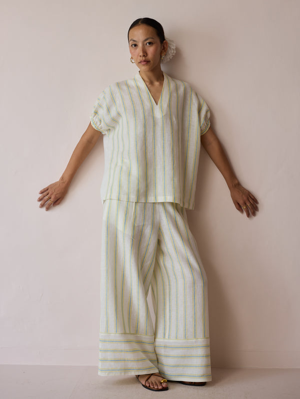 Anne V-Neck Stripe Linen Co-ord Set - Ivory