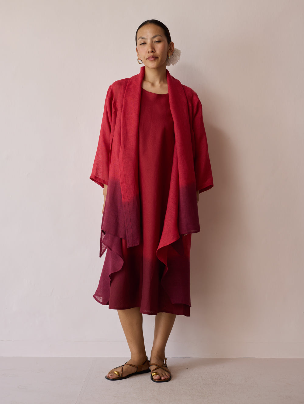 Kiya Ombre Hand-Dyed Linen Dress & Overlay - Heirloom Red