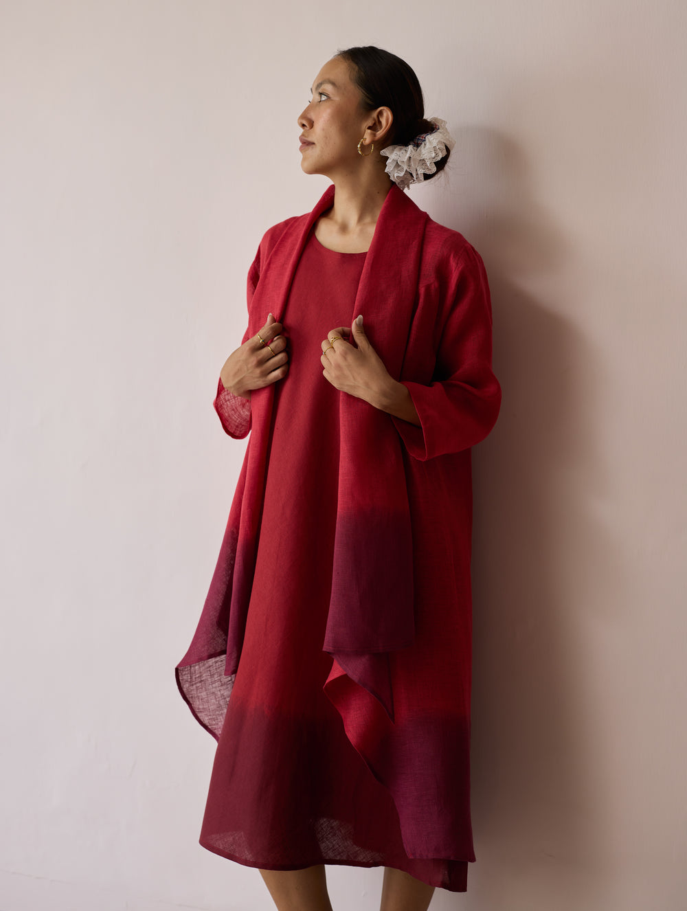 Kiya Ombre Hand-Dyed Linen Dress & Overlay - Heirloom Red
