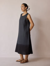 Kiya Ombre Hand-Dyed Linen Dress & Overlay- Charcoal