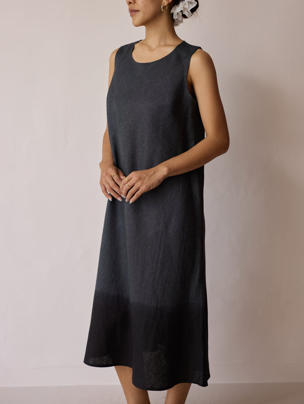 Kiya Ombre Hand-Dyed Linen Dress & Overlay- Charcoal