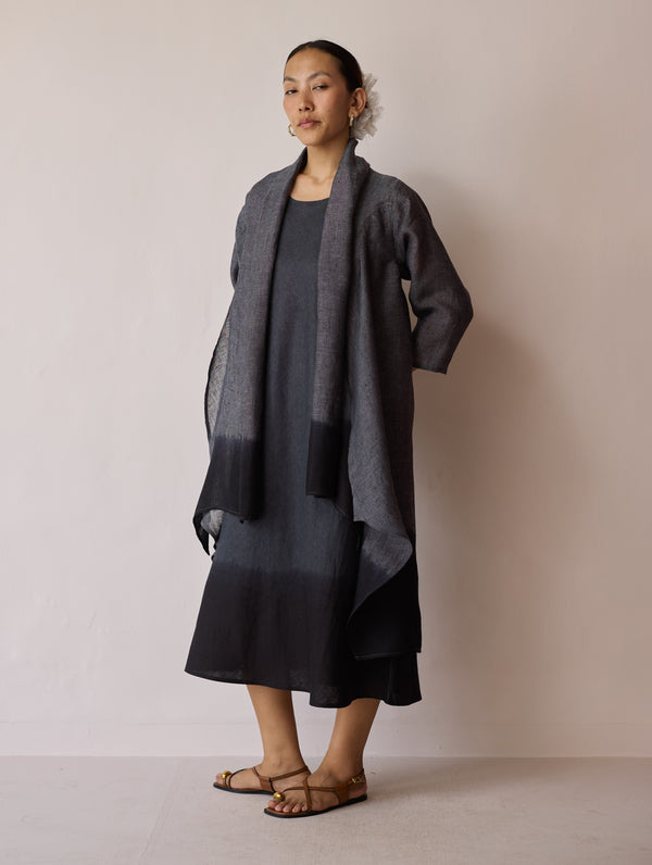 Kiya Ombre Hand-Dyed Linen Dress & Overlay- Charcoal