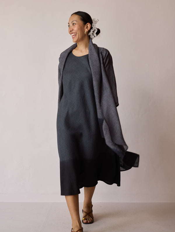 Kiya Ombre Hand-Dyed Linen Dress & Overlay- Charcoal