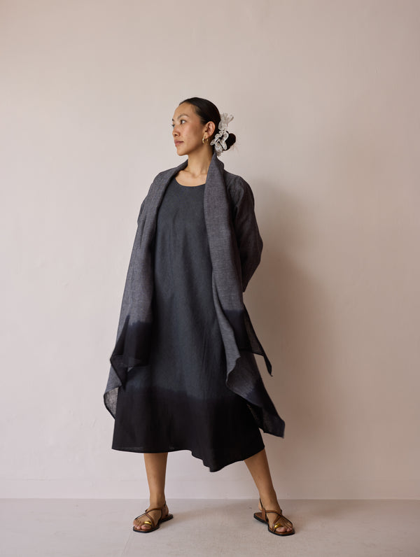 Kiya Ombre Hand-Dyed Linen Dress & Overlay- Charcoal