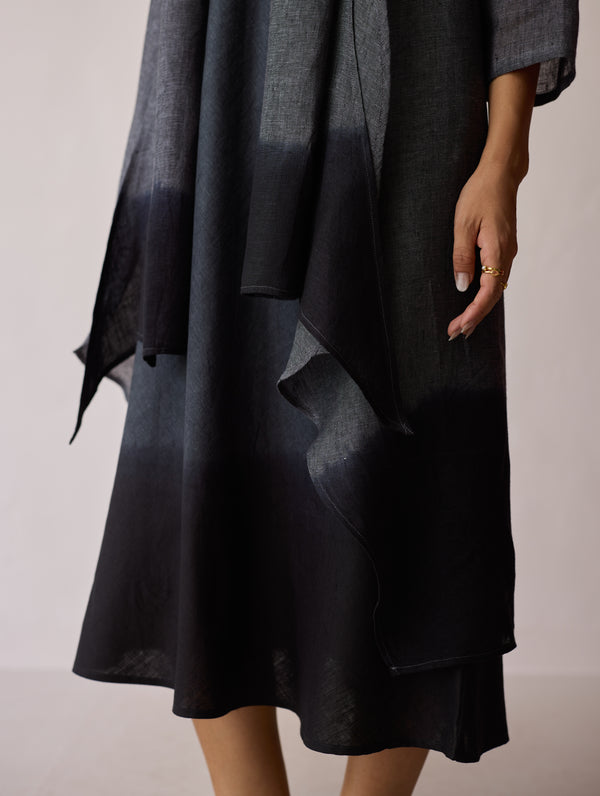 Kiya Ombre Hand-Dyed Linen Dress & Overlay- Charcoal
