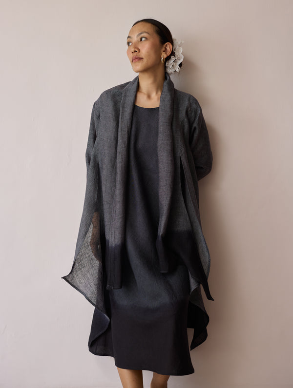 Kiya Ombre Hand-Dyed Linen Dress & Overlay- Charcoal
