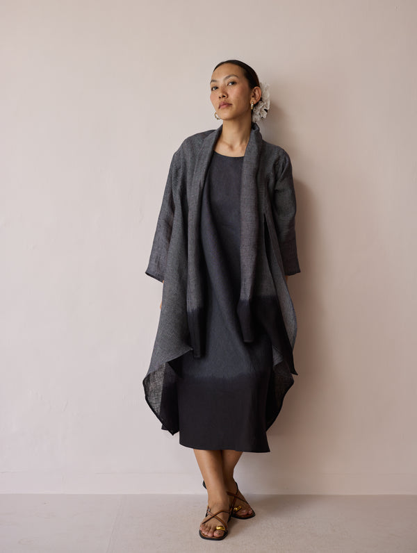 Kiya Ombre Hand-Dyed Linen Dress & Overlay- Charcoal