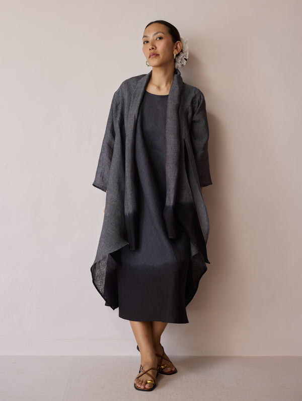 Kiya Ombre Hand-Dyed Linen Dress & Overlay- Charcoal