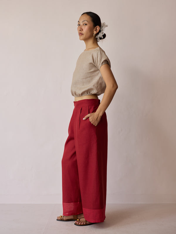 Lagom Wide Leg Linen Pants - Heirloom Red