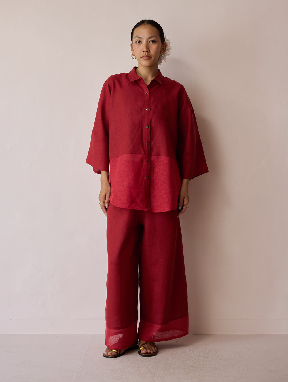 Cassa Linen Patchwork Shirt - Heirloom Red