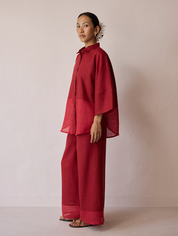 Cassa Linen Patchwork Shirt - Heirloom Red