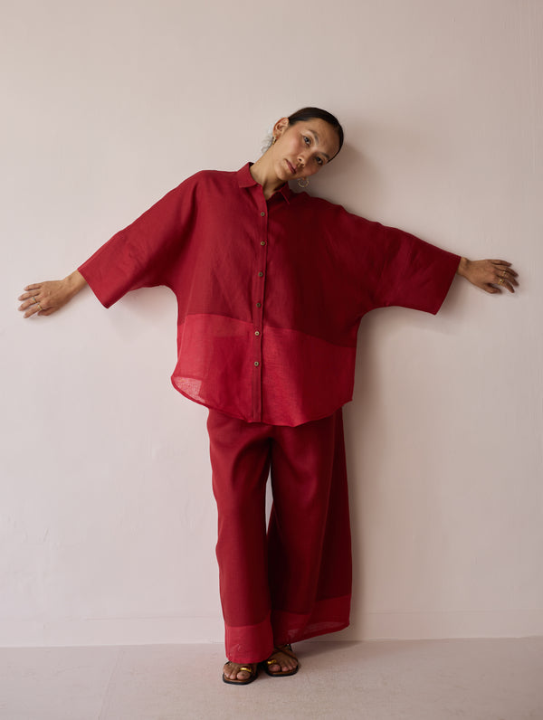 Cassa Linen Patchwork Shirt - Heirloom Red