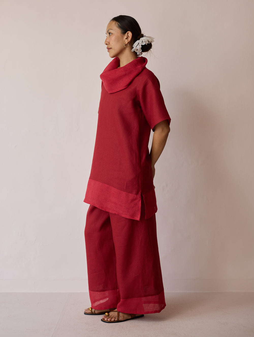 Kora Cowl-Neck Patchwork Linen Kurta - Heirloom Red