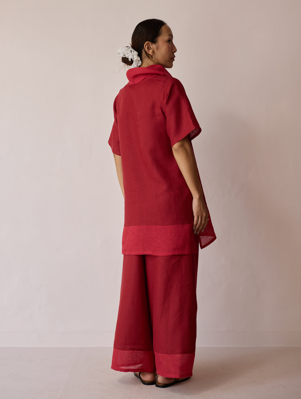 Kora Cowl-Neck Patchwork Linen Kurta - Heirloom Red