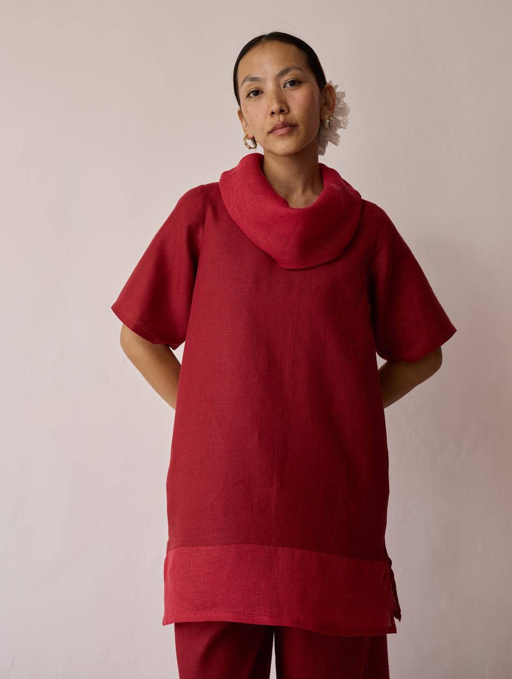 Kora Cowl-Neck Patchwork Linen Kurta - Heirloom Red
