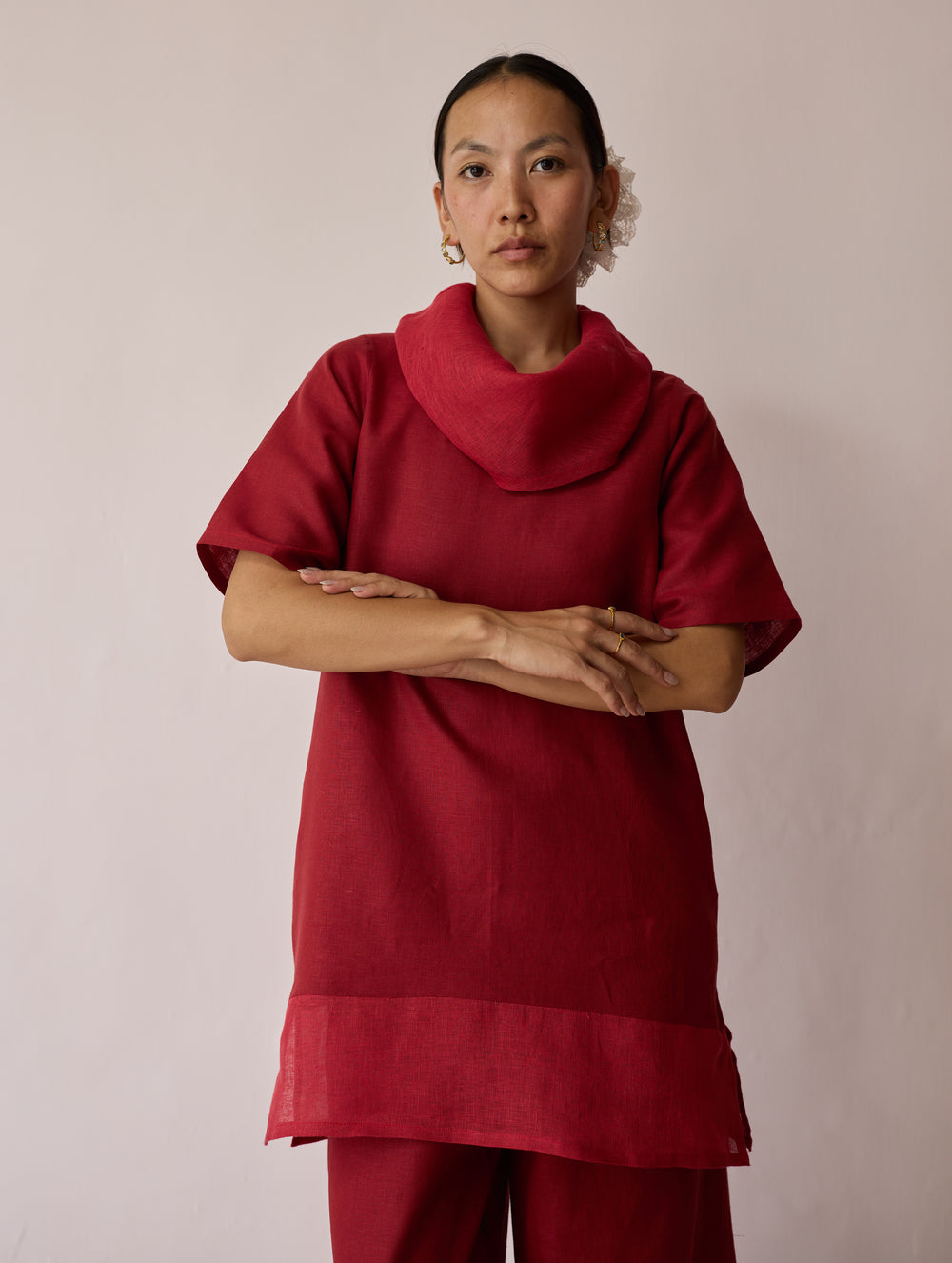 Kora Cowl-Neck Patchwork Linen Kurta - Heirloom Red