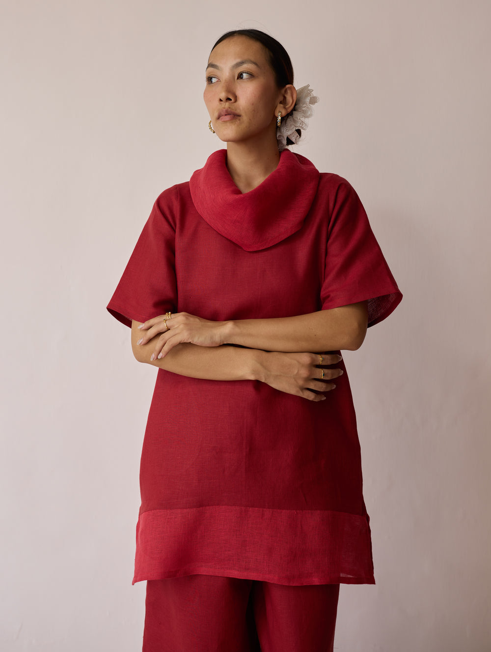 Kora Cowl-Neck Patchwork Linen Kurta - Heirloom Red