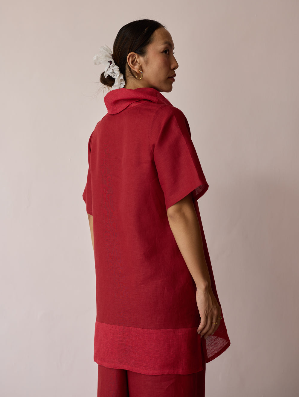 Kora Cowl-Neck Patchwork Linen Kurta - Heirloom Red