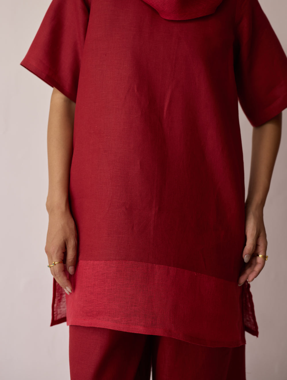 Kora Cowl-Neck Patchwork Linen Kurta - Heirloom Red