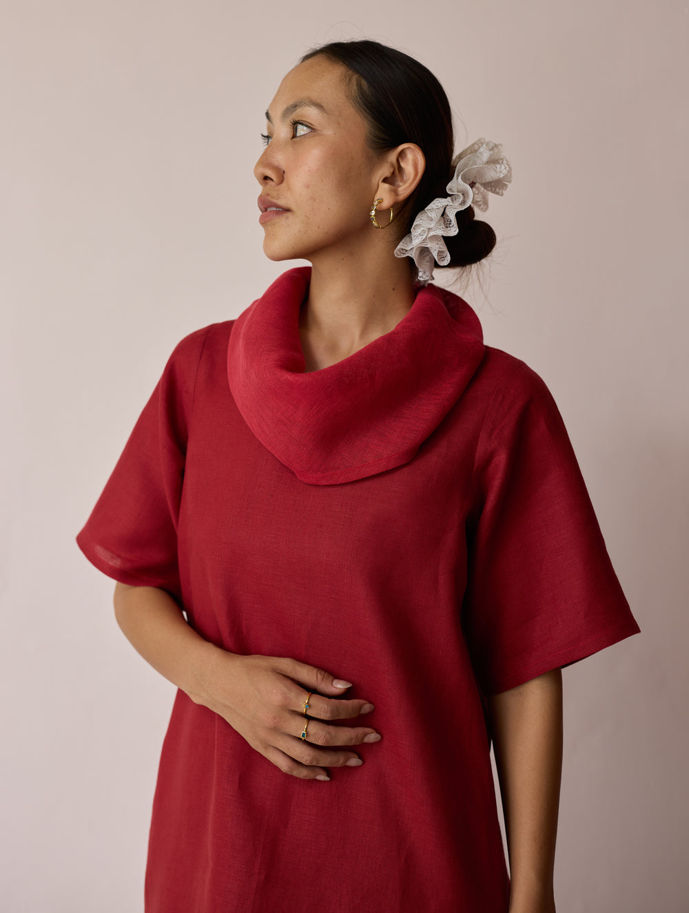 Kora Cowl-Neck Patchwork Linen Kurta - Heirloom Red