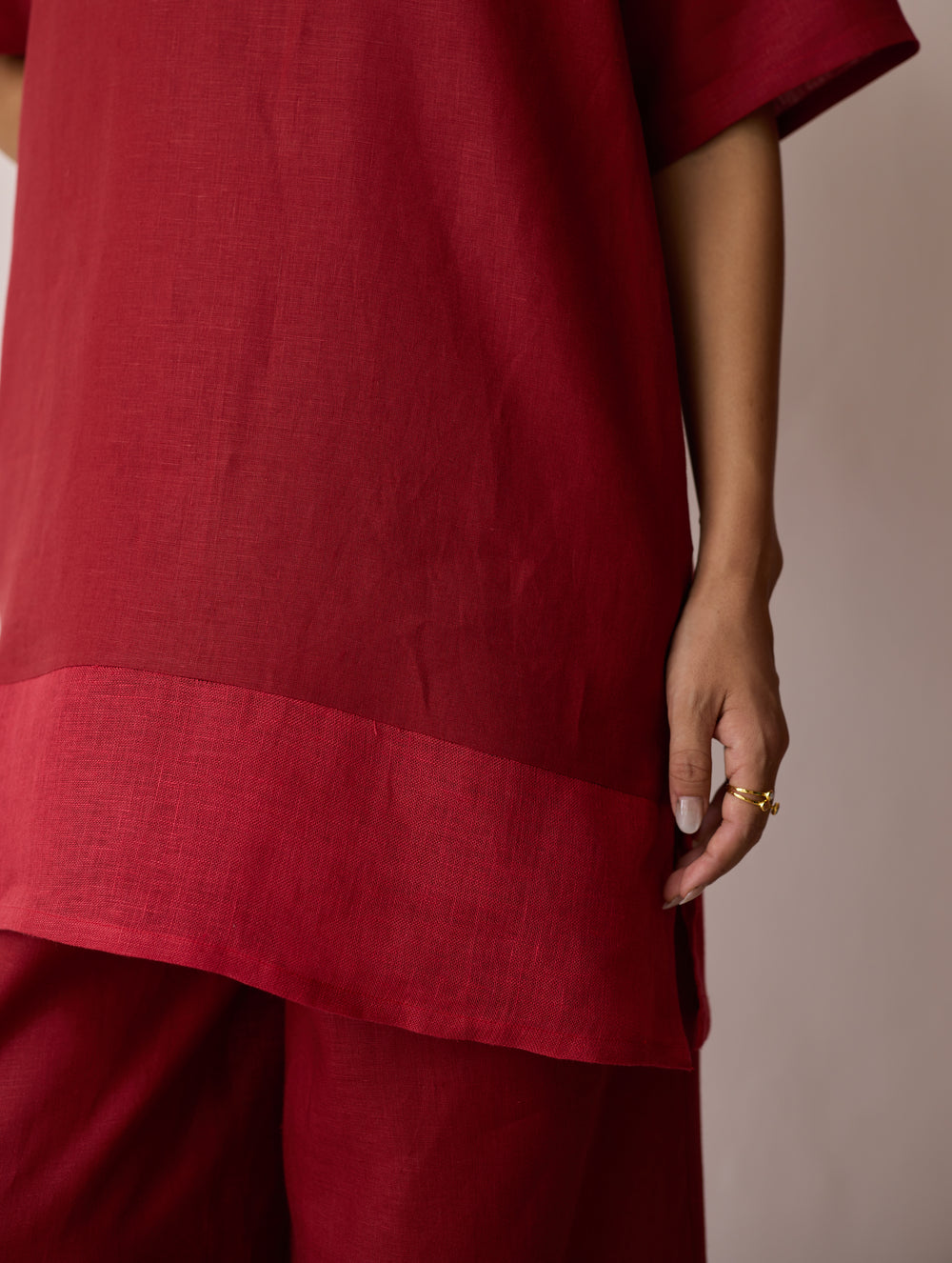 Kora Cowl-Neck Patchwork Linen Kurta - Heirloom Red