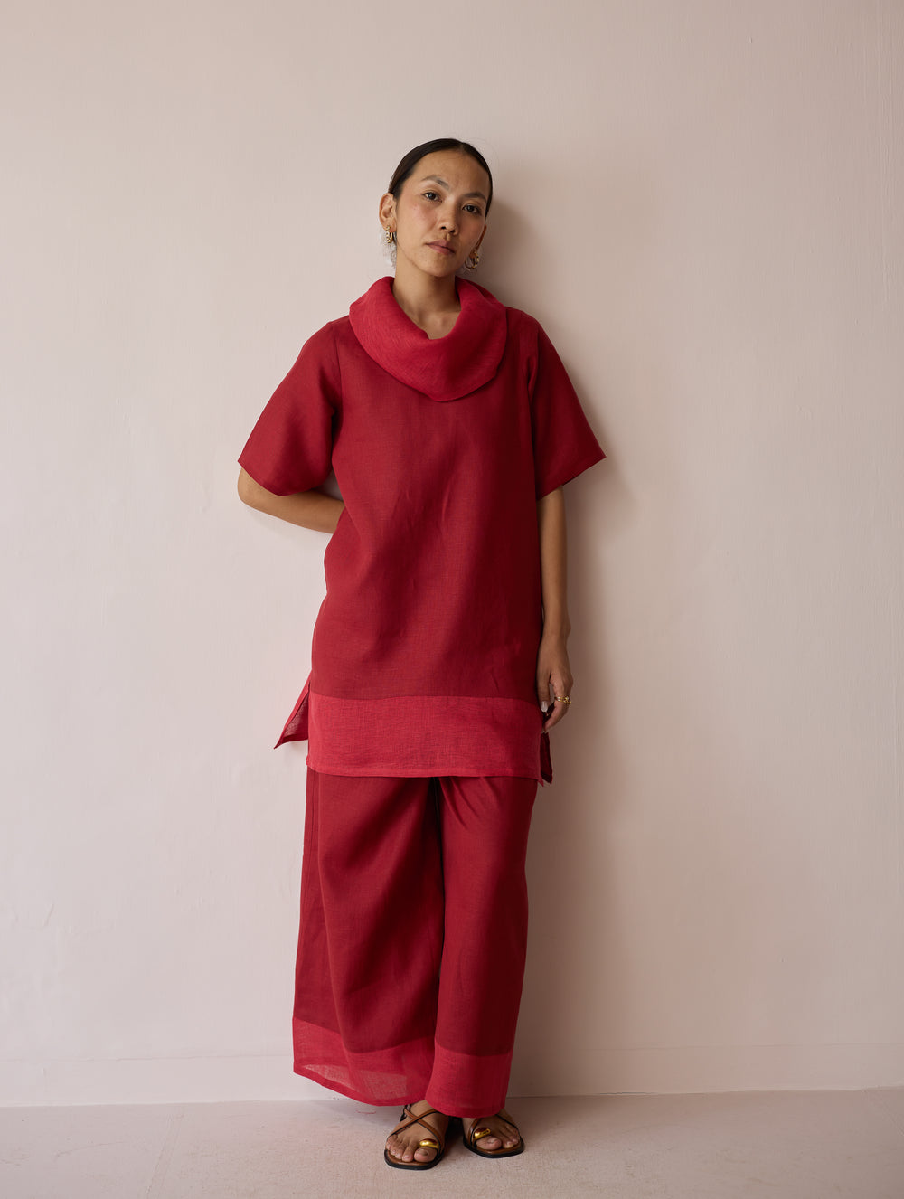 Kora Cowl-Neck Patchwork Linen Kurta - Heirloom Red