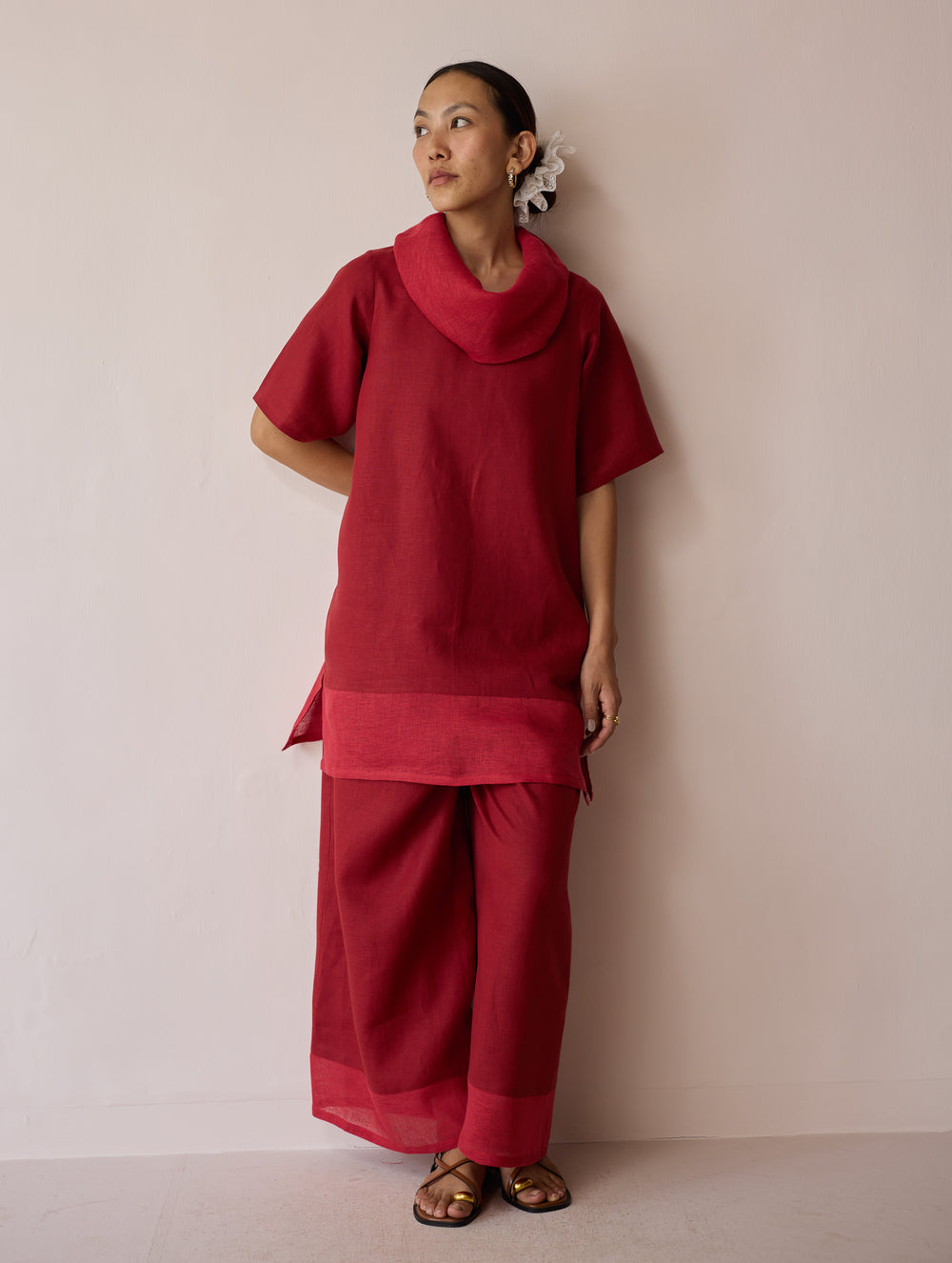 Kora Cowl-Neck Patchwork Linen Kurta - Heirloom Red