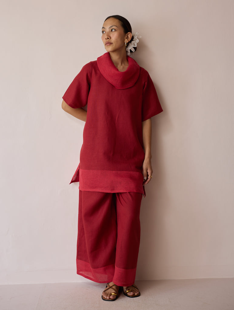 Kora Cowl-Neck Patchwork Linen Kurta - Heirloom Red