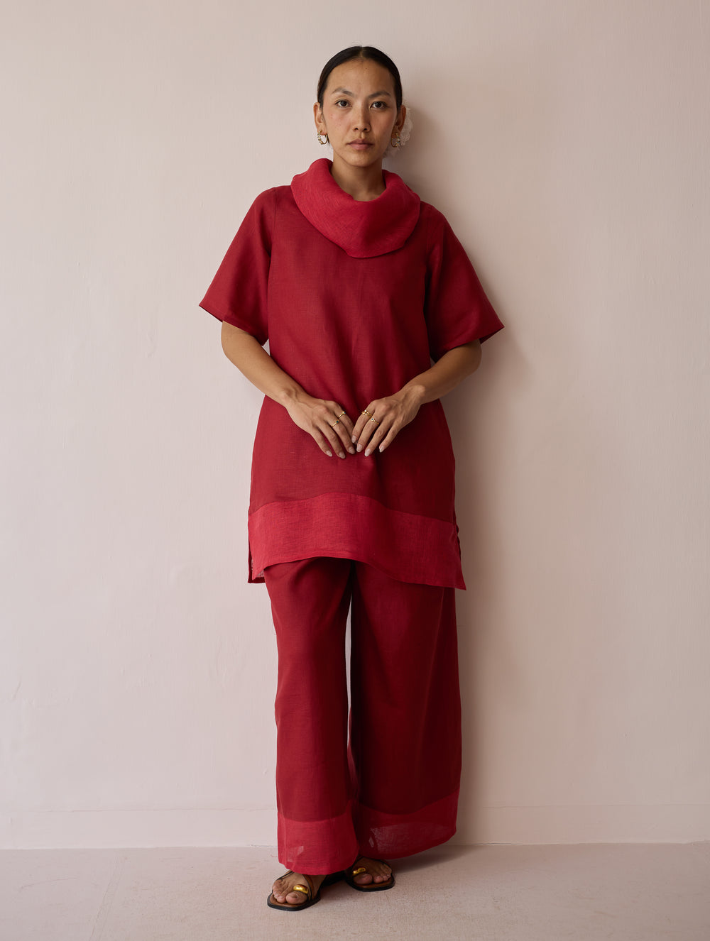 Kora Cowl-Neck Patchwork Linen Kurta - Heirloom Red
